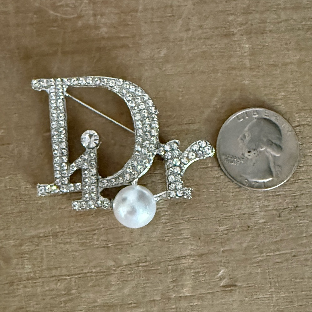 Silver Tone Rhinestone Brooch with Pearl Accent | Statement Pin - Picture 3 of 5